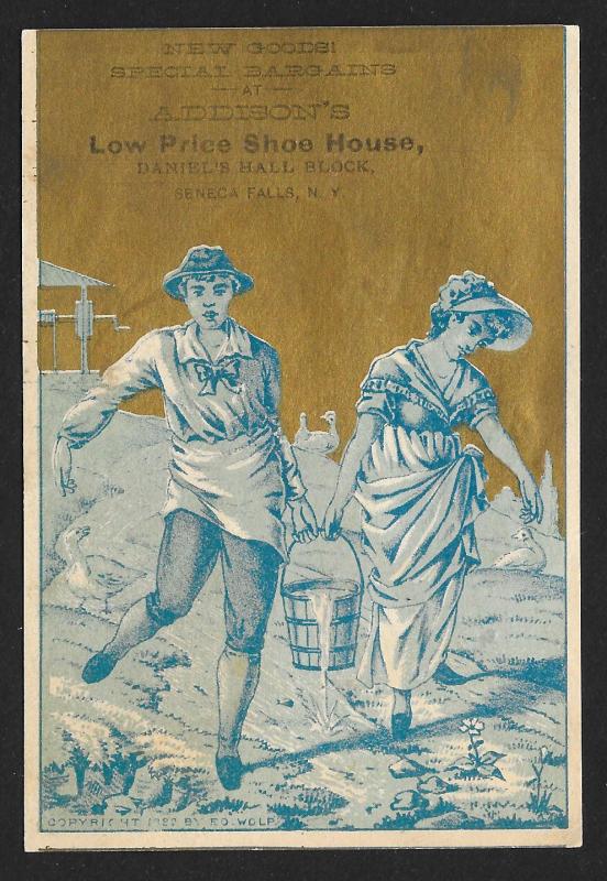 VICTORIAN TRADE CARD Addisons Shoe House Girl & Boy Carrying Water Pail c1890