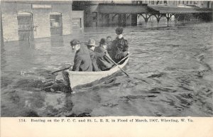 J2/ Wheeling West Virginia Postcard c1907 Flood Disaster Boating Railroad 77