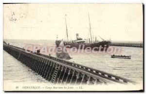 Old Postcard Dunkirk Cargo Boat In jetties
