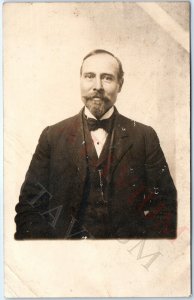 c1910s Unique Gentleman Portrait RPPC Goatee Man Smirk Real Photo Bowtie A159