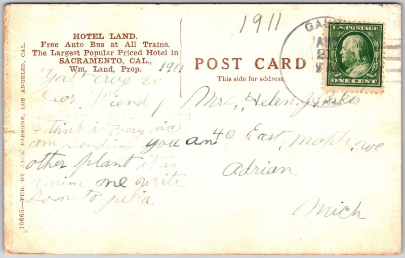 Sacramento California CA, 1911 Hotel Land, William Land Prop. Vintage Postcard
