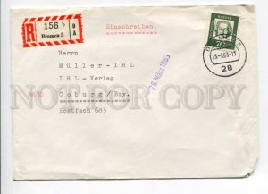 421741 GERMANY 1963 year registered Bremen  COVER w/ Olympics Rome stamp