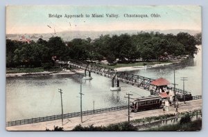 J96/ Chautauqua Franklin Ohio Postcard c1910 Bridge Kraemer Art Trolley 236