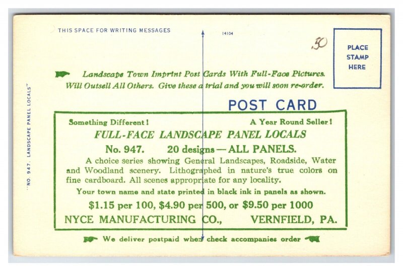 Generic Scenic Greetings Vernfield PA Dealer Sample UNP LInen Postcard M20