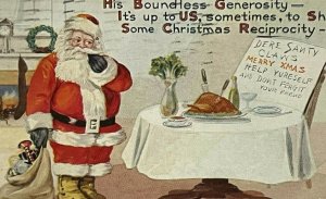 Vintage Christmas Postcard Santa Pondering Turkey Dinner Fairman Co (1914)