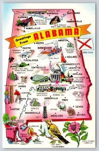 State Maps~Greetings From Alabama~Yellowhammer & Camellia~Pink Bkgd~Vtg Postcard
