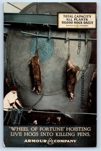 c1910's Wheel Of Fortune Hoisting Live Hogs Into Killing Pens Factory Postcard