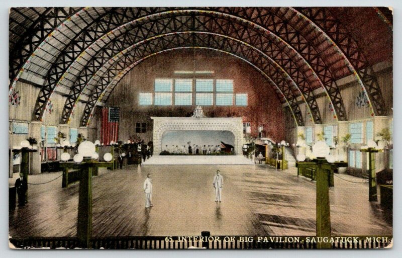 Saugatuck Michigan~Big Pavilion Interior~Dance Floor~Orchestra Stage~1914 PC 