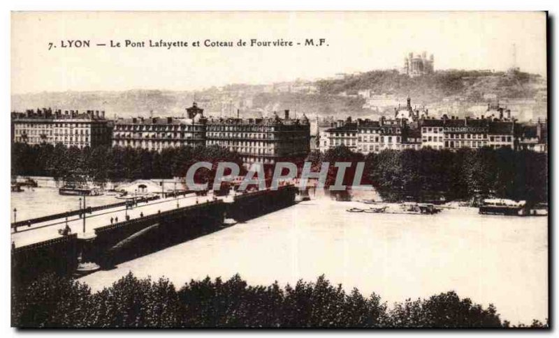 Lyon Old Postcard Lafayette bridge and hill Fourviere