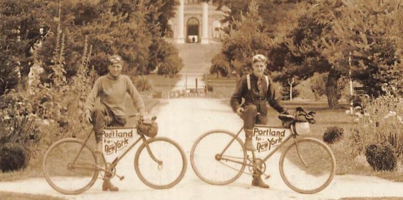 SALEM OREGON~YOUNG MEN ON BICYCLES~PORTLAND TO NEW YORK RIDE~REAL PHOTO POSTCARD