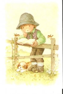 Boy in fence, reading book, dog Lovely Spanish, artist signed postcard 1960s.