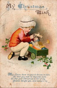 Merry Christmas With Young Boy and Toys 1921 Clapsaddle International Art Pub...