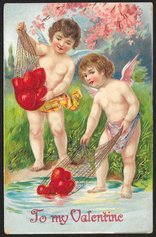 To My Valentine 2 Cupids & Mesh Bags of Hearts From Pond Unused c1910s