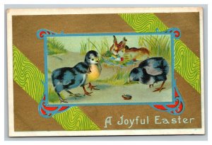 Vintage 1910's Easter Postcard Cute Chicks and Bunnies Colored Eggs Gold Border