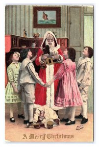 A Merry Christmas Red Robe Santa Surrounded By Children c1911 Postcard