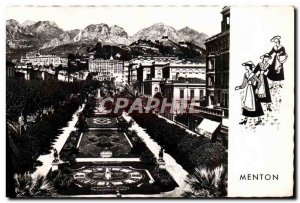 Menton Old Postcard The public garden and the mountains of St. Agnes