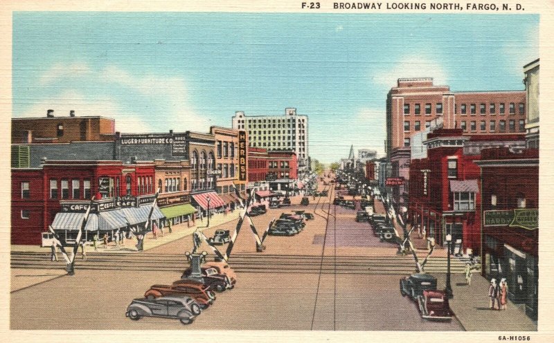 Vintage Postcard 1948 Broadway Shopping Center Looking North Fargo North Dakota 