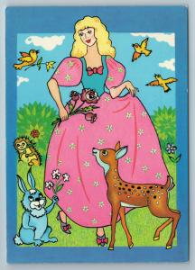 Princess and beasts Deer Hedgehog Bunny Rabbit Russian Unposted postcard