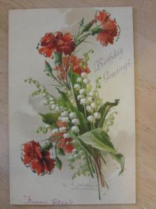 C. Klein - Red Flowers c1910 Postcard - Birthday Greeting GLITTER