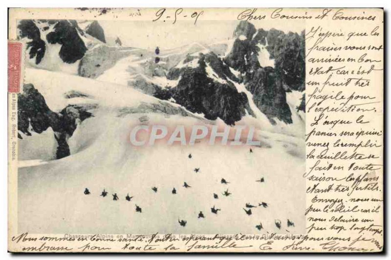 Old Postcard Militaria Alpine Hunters maneuvers in sliding Alps glacier