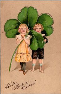 Children with Huge Shamrock, Embossed Glitter St. Patrick's Day Postcard S56