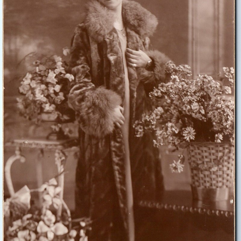 c1910s Classy Young Lady RPPC Fur Coat Robe Seductive Real Photo Woman Girl A160