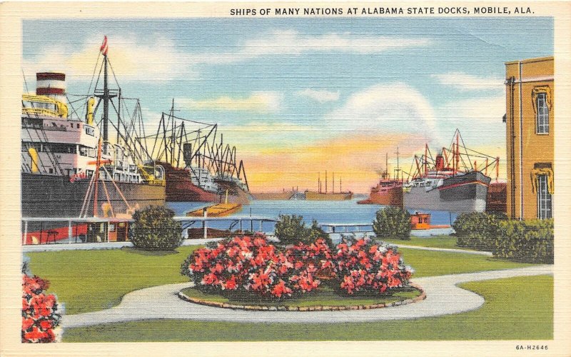 G75/ Mobile Alabama Postcard Linen Ships Many Nations State Docks