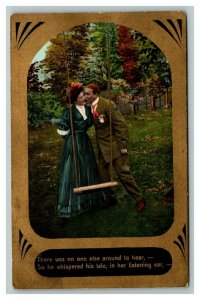 Vintage 1900's Romantic Postcard Gold Border Man Whispering in Woman's Ear CUTE