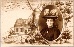 Real Photo Postcard Portrait of Well Dressed Woman Wearing a Hat, Dutch Windmill