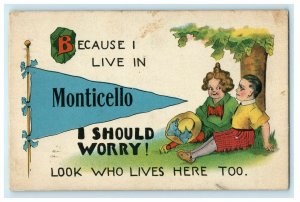 1913 Monticello, IA. Pennant Design Because I Live In Letter Iowa Postcard