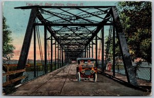 Vtg Ottawa IL View On Illinois River Bridge Early Old Car 1910s Postcard