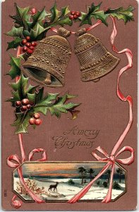 c1910 MERRY CHRISTMAS BELLS DEER SNOW RUSKIN NEBRASKA EMBOSSED POSTCARD 39-231