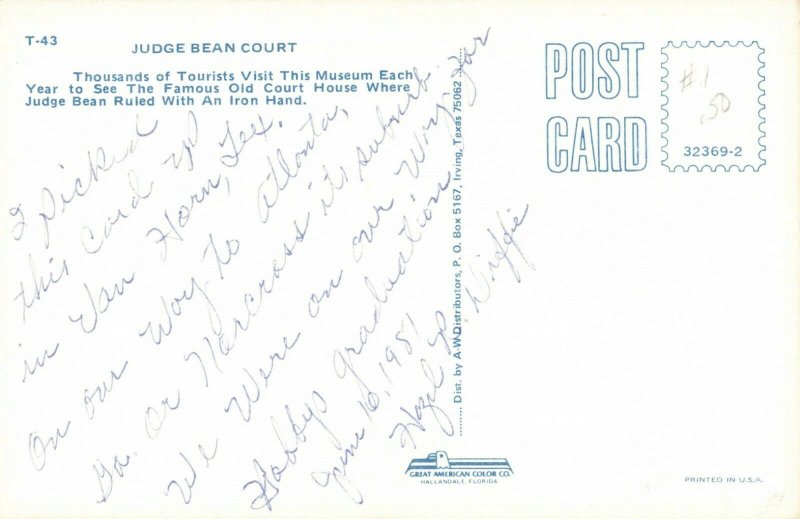 Postcard Judge Bean Court Langtry Texas