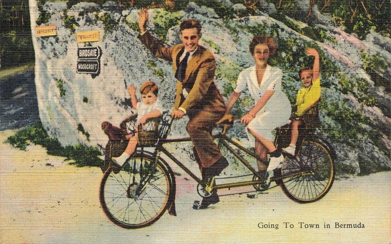 GOING TO TOWN IN BERMUDA~TANDEM BICYCLE-CHILD SEATS FRONT & REAR~19340s POSTCARD