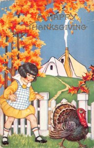 Thanksgiving Greeting Girl Trying to Catch Turkey Poultry embossed postcard B989