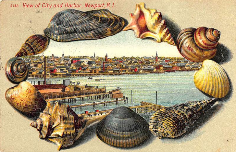 Newport RI Langsdorf Publisher Shell Border View of City and Harbor  Postcard 