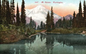 Vintage Postcard Mount Rainier Lake Pine Trees Washington Edw. H. Mitchell Pub.