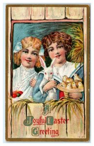 A JOYOUS EASTER GREETING 2 Cute Girls w/ Bunny, Chicks 1911 Embossed Postcard