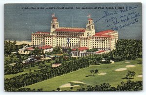 1940s PALM BEACH FL THE BREAKERS HOTEL AERIAL VIEW LINEN POSTCARD P2447