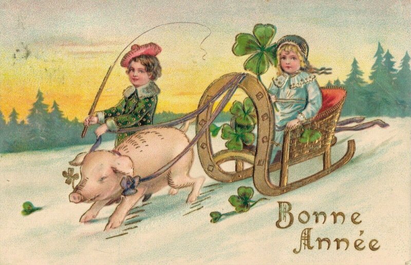 Happy New Year Children on a Sled with a Pig Embossed 04.34