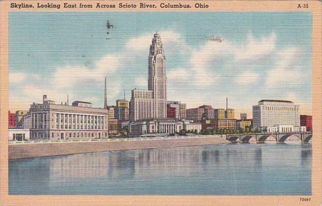 Ohio Columbus Skyline Looking East From Across Scioto River 1949