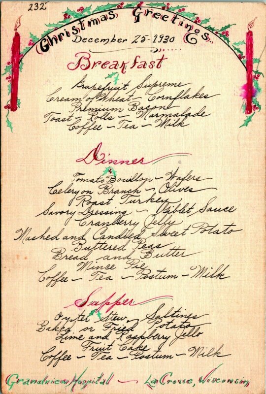 1930 Christmas Day Breakfast Lunch Dinner Menu Grandview Hospital Lacrosse WI