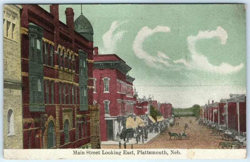 c1900s Plattsmouth, Neb. Main Street Look East Lith Photo Postcard Downtown A27 