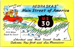 Map Postcard Nebraska Main Street of America Route 30 Lincoln Highway 1950s V203