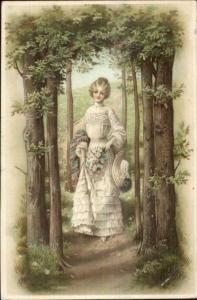 Beautiful Woman Lace Dress Gloves Hat Tree Woods Nature Used 1903 Postcard