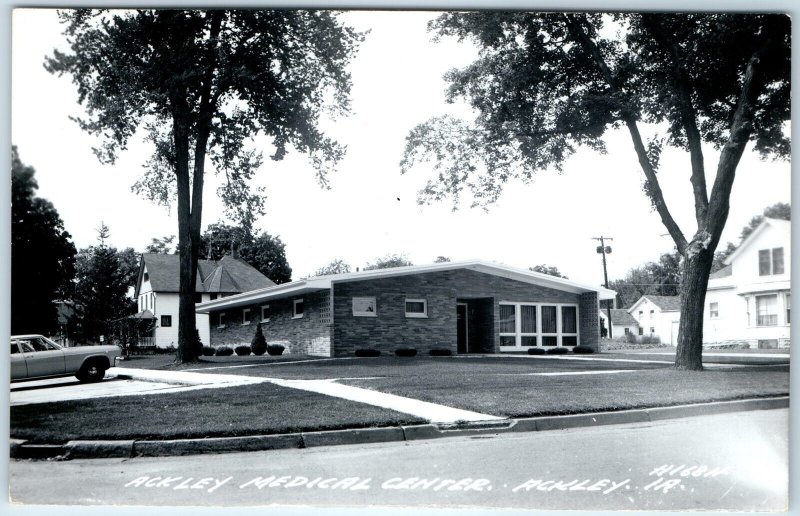 c1960s Ackley, Iowa RPPC Medical Center Hospital Nursing Home Car Houses IA A283