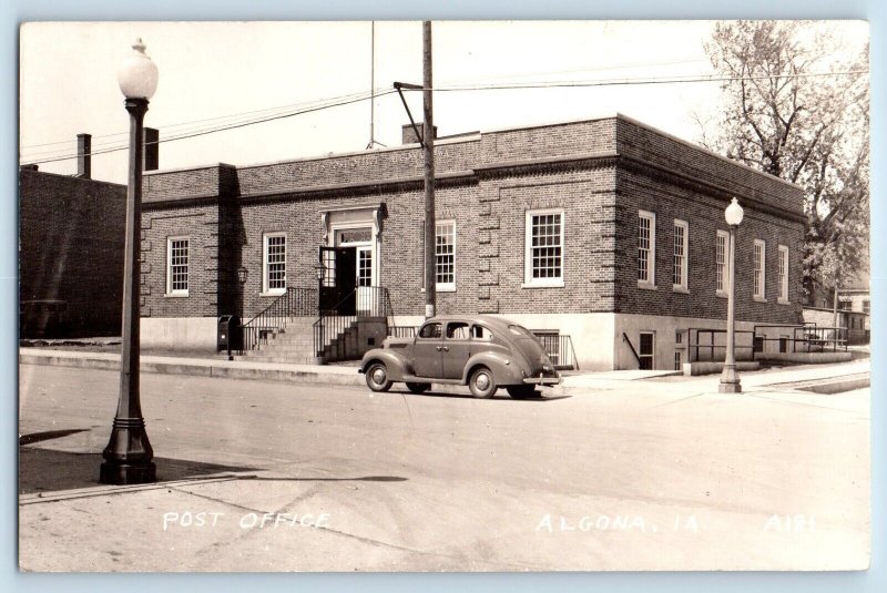 Algona Iowa IA Postcard RPPC Photo Post Office Building Car Scene c1940s Vintage