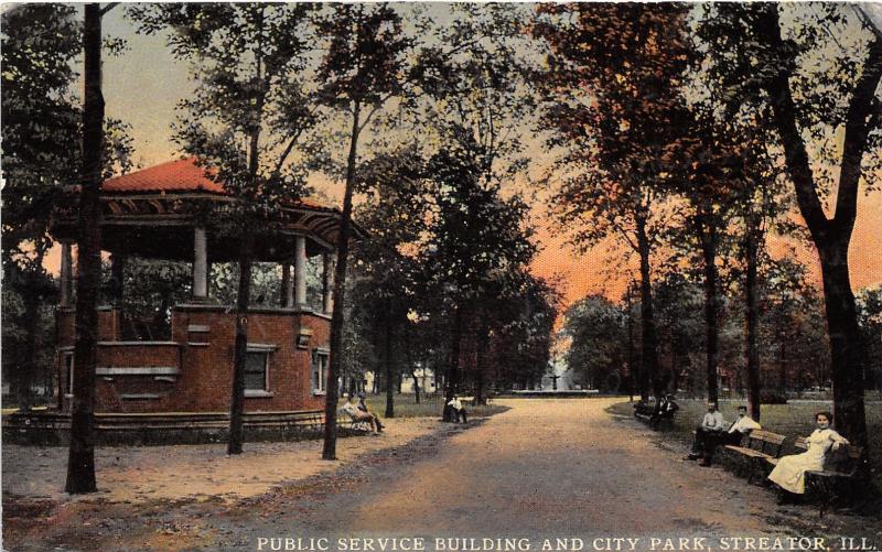 Streator Illinois~Public Service Building & City Park~People on Benches~1911 Pc