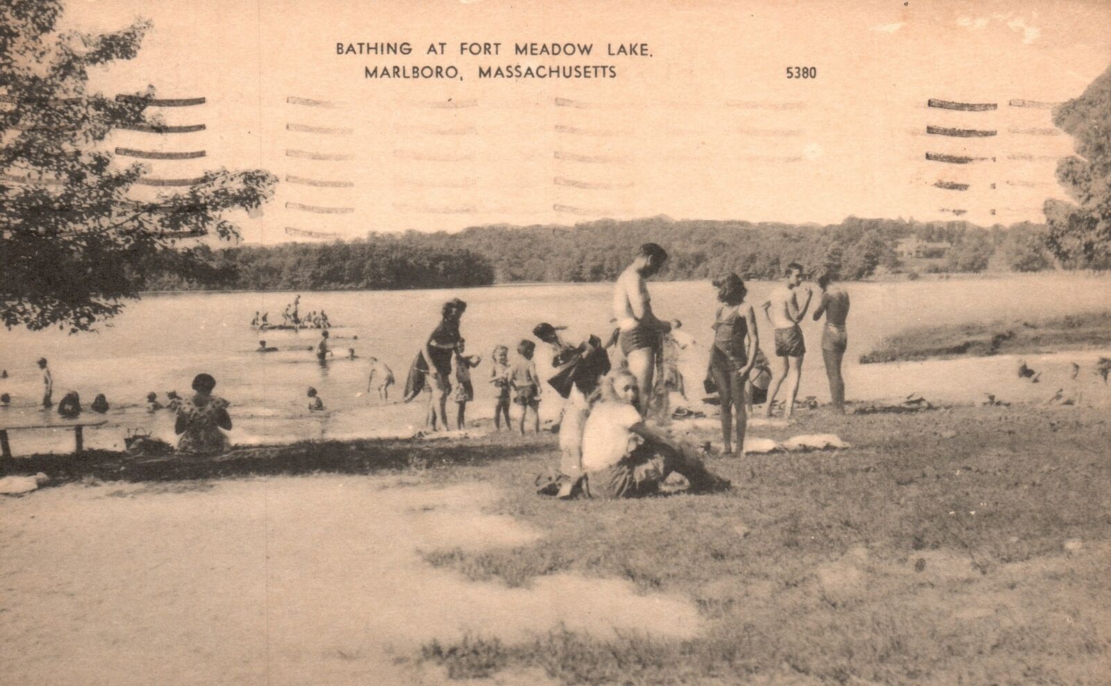 Vintage Postcard 1957 Bathing at Fort Meadow Lake Marlboro