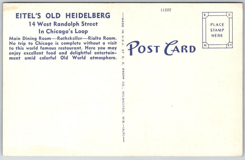 Chicago Illinois 1940s Postcard Eitel's Old Heidelberg Dining Room Rathskeller